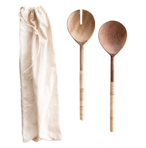 Wood Salad Servers with Bamboo Wrapped Handles, Set of 2 in Drawstring Bag